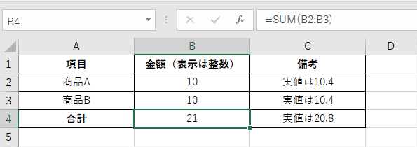 エクセルで10と10を足したのに合計が21になっている表。備考に実値は10.4と書かれている