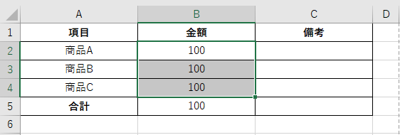 100が3つ並んでいるのに合計が100になっているエクセルの表