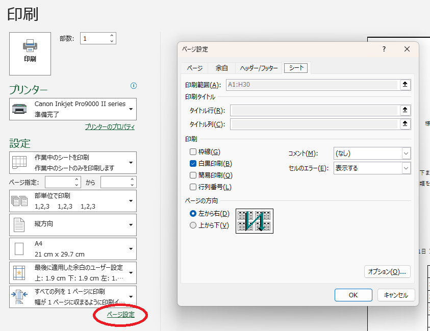 エクセルの印刷画面。左下の「ページ設定」リンクから、ページ設定ダイアログのシートタブを開いたところ