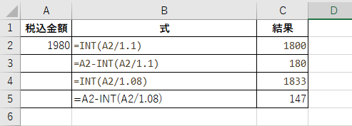 エクセルで税込1,980円から税抜と消費税を逆算した結果。10%なら1800と180、8%なら1833と147