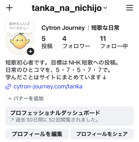 Instagramのプロフィール画面。名前「Cytron Journey｜短歌な日常」、シトロン坊やのアイコン、自己紹介の3行とサイトへのリンク